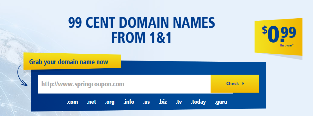 1and1 domain 99 cent
