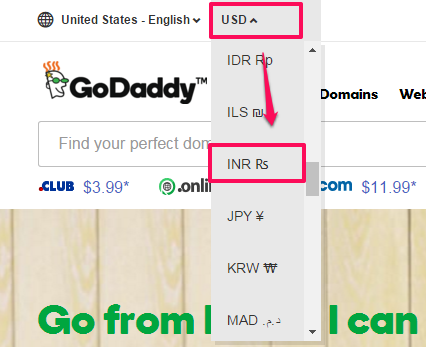 godaddy renew domain currency change cart rs inr money when shopping start