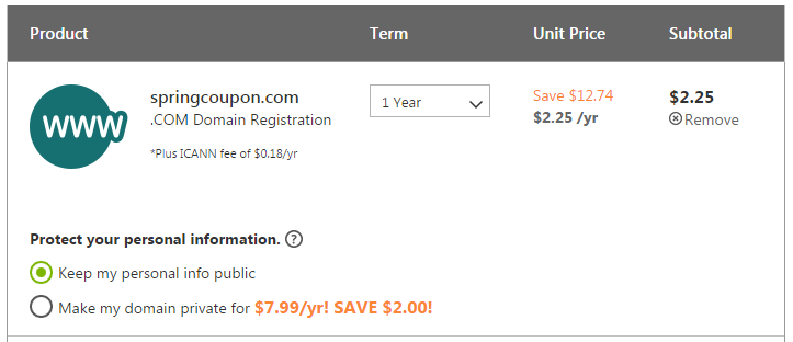 GoDaddy .COM domain 2.25 usd