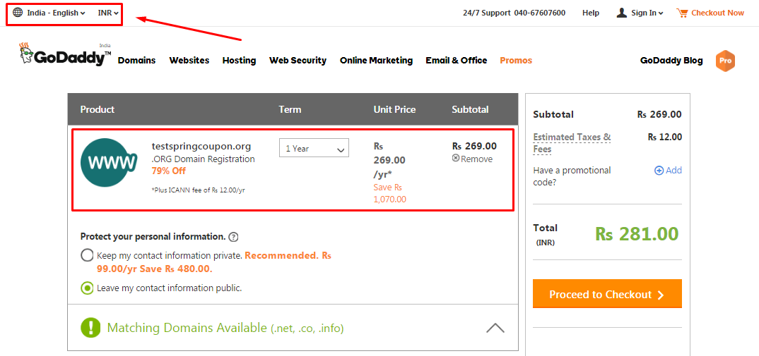 GoDaddy Discounts on .ORG Domain - just Rs 269/yr ($4.17) - Spring Coupon