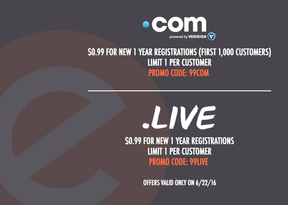 Enom discounts .COM and .LIVE 0.99 usd